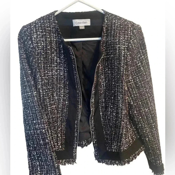 Calvin Klein tweed metallic wool blend zip up blazer jacket size 12 - Picture 3 of 8